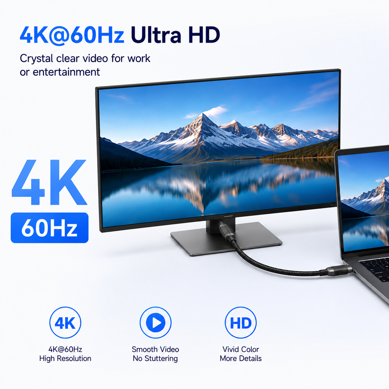 A 4K@60Hz ultra HD monitor adapter setup shown on a white background, featuring a desktop monitor and a laptop connected by a black cable. Large text highlights '4K@60Hz Ultra HD' and 'Crystal clear video for work or entertainment,' with feature icons below.