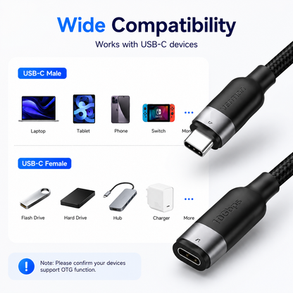 USB-C to USB-C adapter cable shown on a white background with compatibility text and labeled examples for USB-C male and USB-C female connectors, including devices like a laptop, tablet, phone, Switch, flash drive, hard drive, hub, and charger.