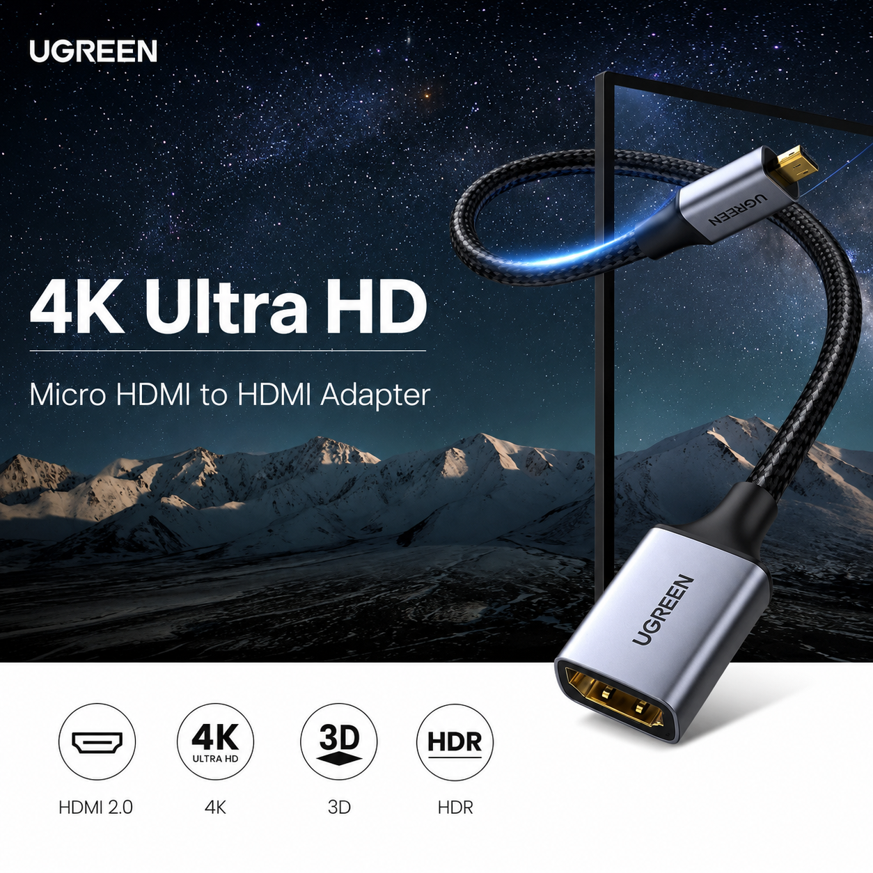 UGREEN Micro HDMI to HDMI Adapter shown with a black braided cable and silver metal connector, set against a dark starry sky and mountain background with text reading '4K Ultra HD' and feature icons below.