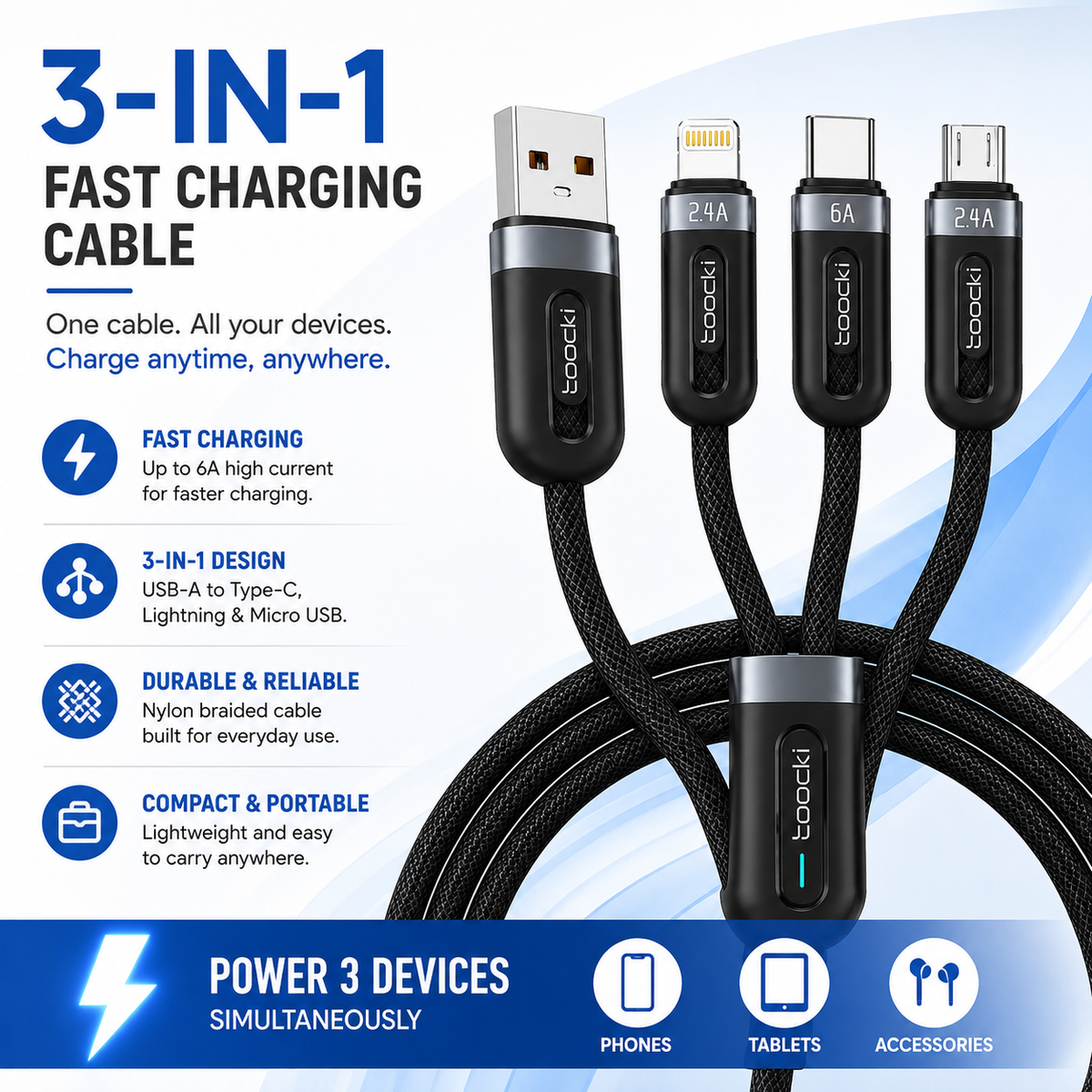 Boocki 3-in-1 fast charging cable with four USB-C connectors shown on a blue and white promotional background with feature callouts.