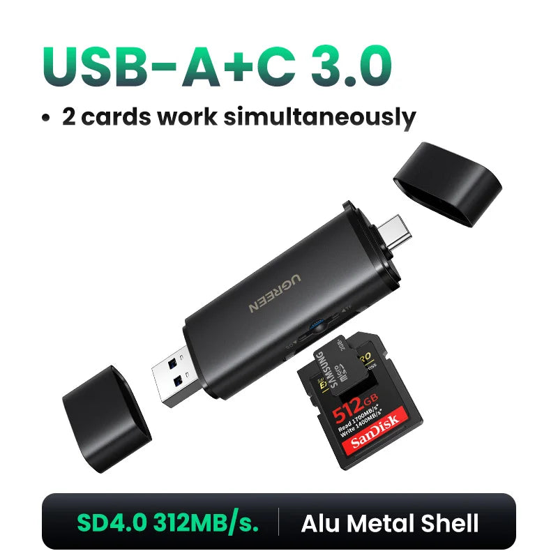 UGREEN USB-A and USB-C SD4.0 Card Reader with dual SD and microSD support, 312MB/s high-speed transfer and aluminium metal design