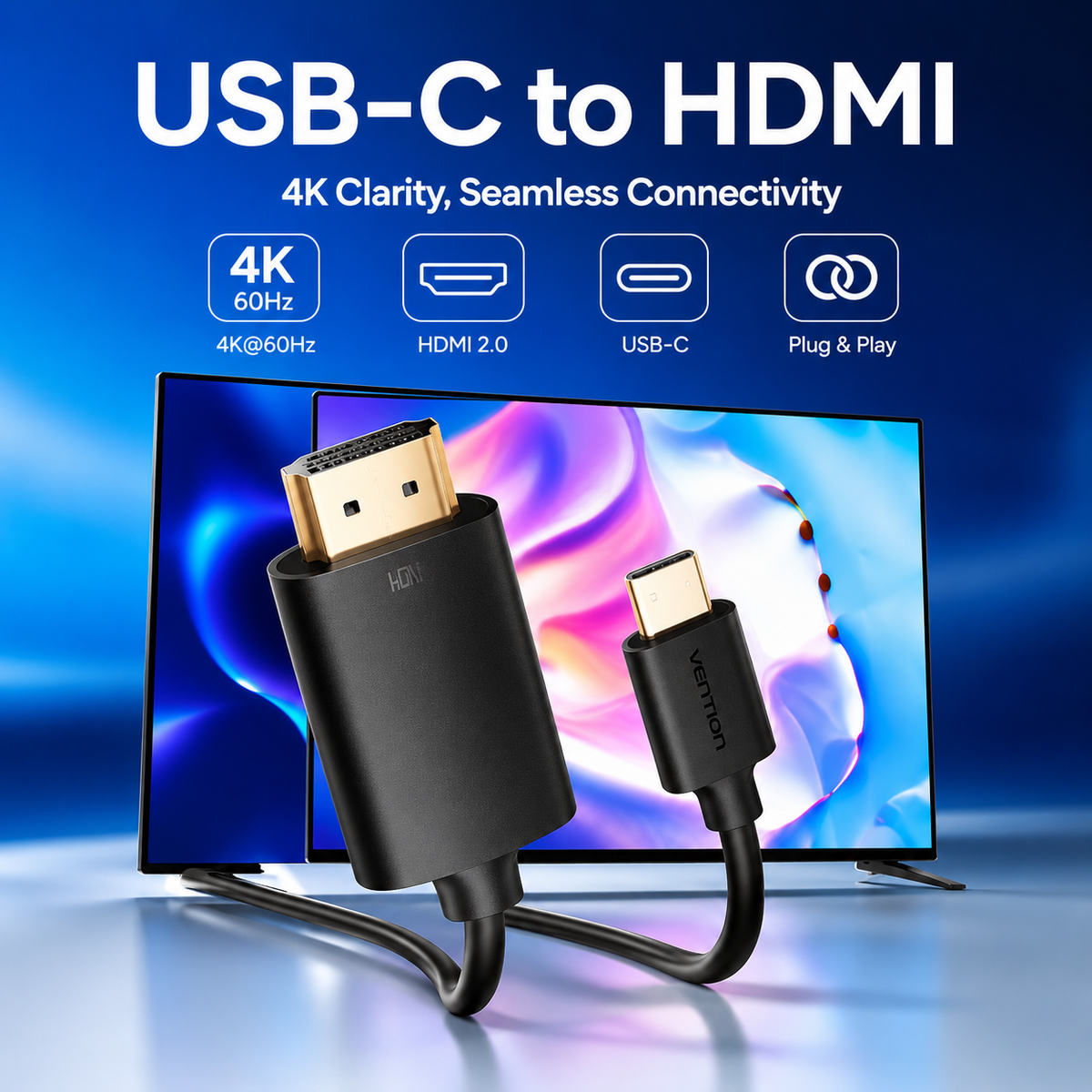 A black USB-C to HDMI adapter cable with gold-plated connectors, shown in front of a TV screen on a blue studio background. Large text at the top reads 'USB-C to HDMI' with feature icons for 4K 60Hz, HDMI 2.