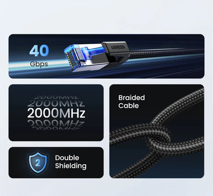 Cat6 Ethernet cable with features highlighted on a dark background