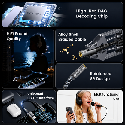 A 5-panel promotional collage for a boockl USB-C to headphone adapter. The panels feature high-resolution product details including a high-res DAC decoding chip, an alloy shell braided cable, and a reinforced SR design, alongside lifestyle images of a person listening to music by the sea and a woman singing into a phone.