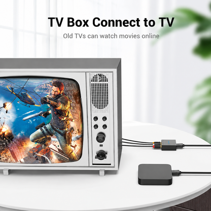TV Box Connect to TV adapter setup shown with a retro television displaying a game scene, a small black streaming box, and cables on a white table in a bright indoor setting. Text at the top reads 'TV Box Connect to TV' and 'Old TVs can watch movies online.