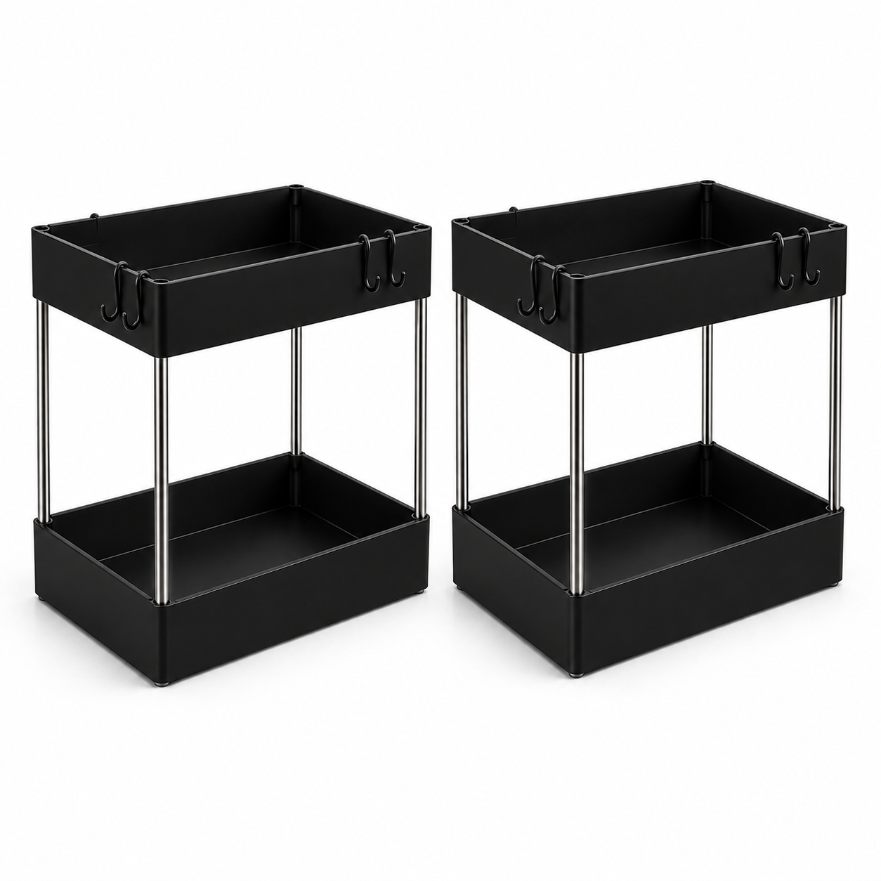 Two black two-tier spice racks with slim silver metal legs, shown side by side on a white background.