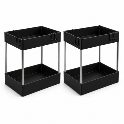Two black two-tier spice racks with slim silver metal legs, shown side by side on a white background.