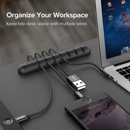 USB cable organizer on a desk with laptop and phone, text 'Organize Your Workspace'.