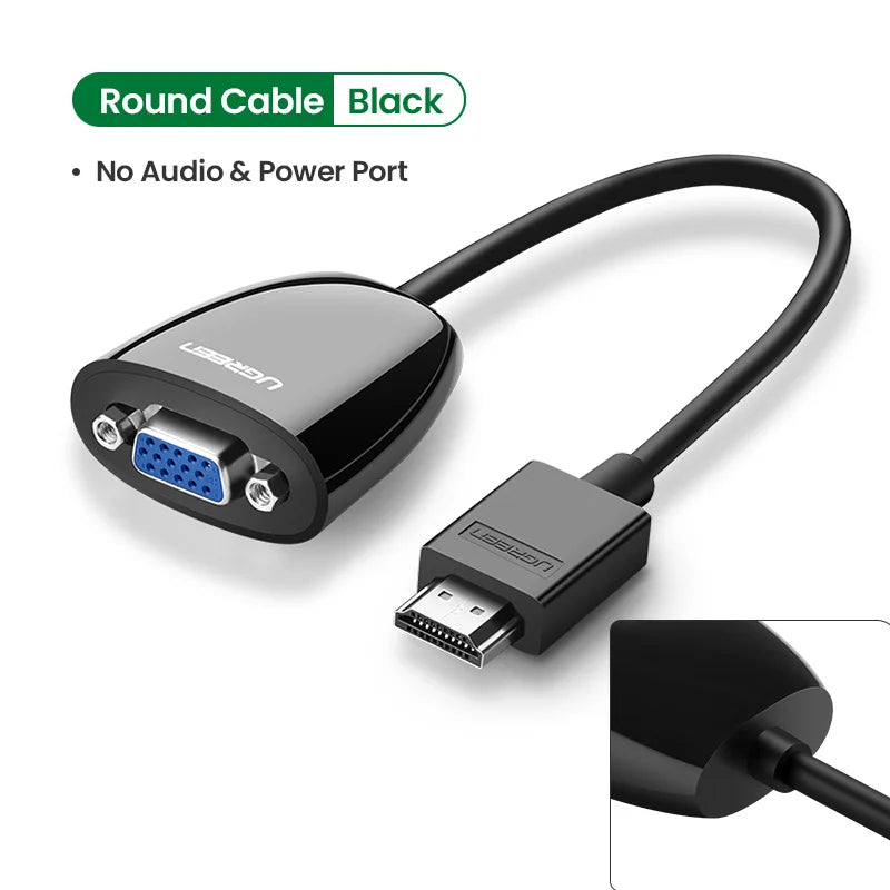 A black round HDMI to VGA cable adapter with a text label indicating 'Round Cable Black' and 'No Audio & Power Port'. The image features a main product view, a close-up inset of the round cable end, and a blue VGA female connector visible on the left.