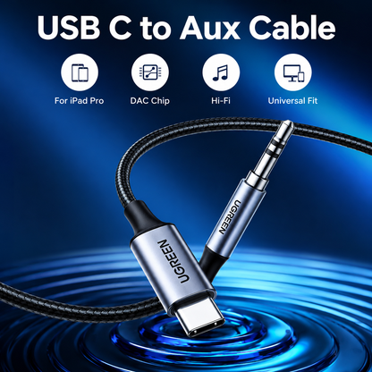 A USB C to Aux cable with a braided black cord and silver metal connectors, shown on a blue graphic background with text highlighting compatibility for iPad Pro, DAC chip, Hi-Fi, and universal fit. The brand name UGREEN is visible on the connectors.