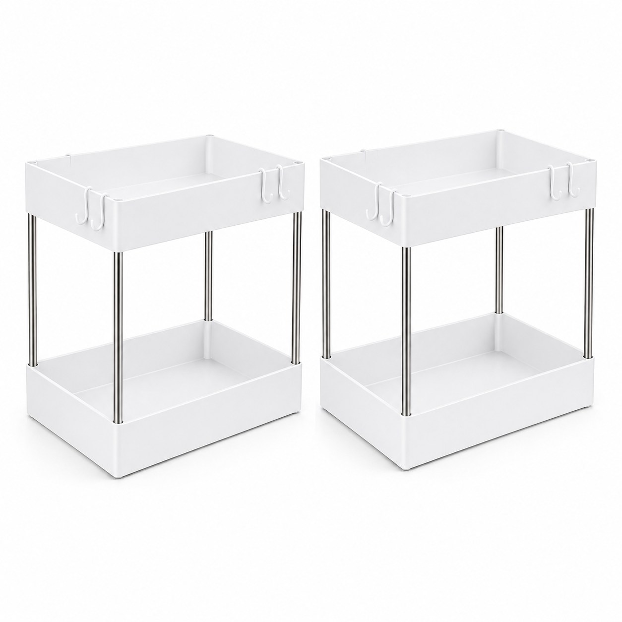 Two white plastic under-cabinet storage organizers with slim silver metal legs, shown side by side on a white background.