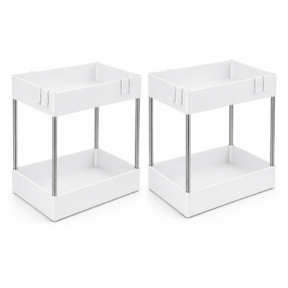 Two white plastic under-cabinet storage organizers with slim silver metal legs, shown side by side on a white background.