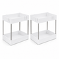 Two white plastic under-cabinet storage organizers with slim silver metal legs, shown side by side on a white background.