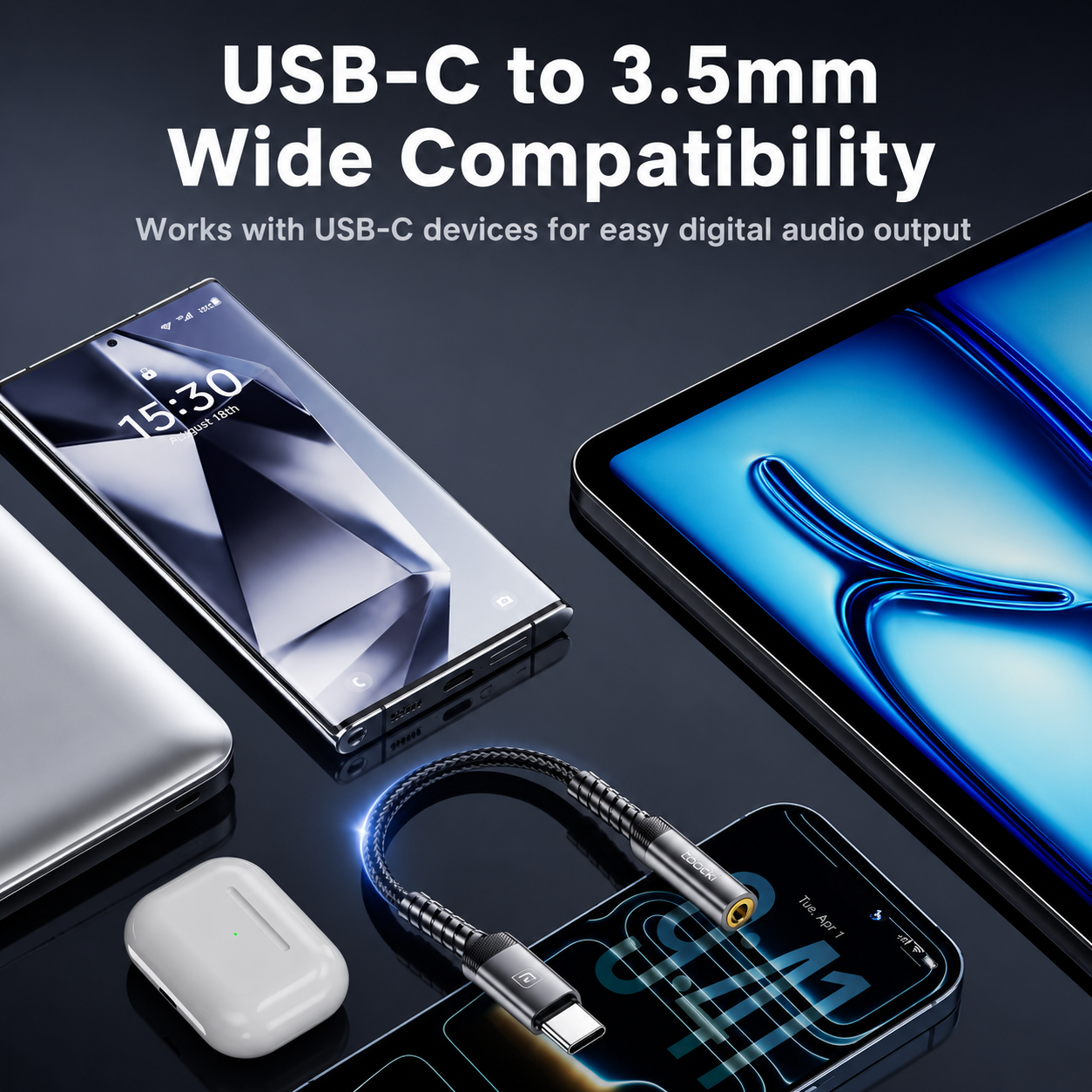 A USB-C to 3.5mm audio adapter cable shown with smartphones, a tablet, and a white earbud case on a dark reflective surface.