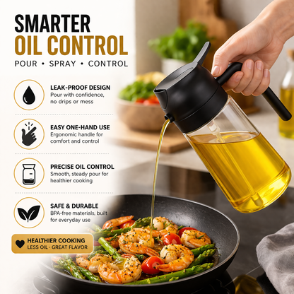 Oil control bottle being used to pour oil into a pan of food with text highlighting features.