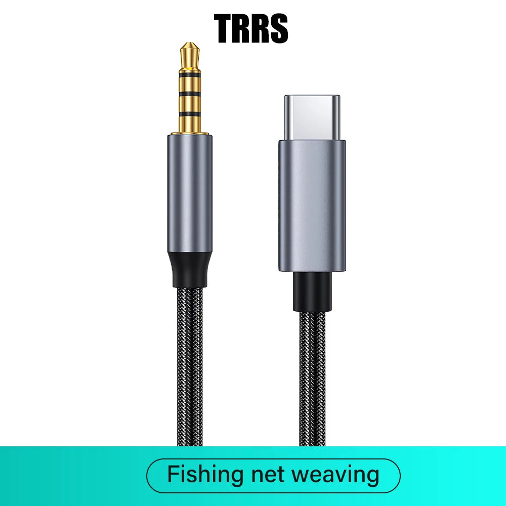 A TRRS USB-C to 3.5mm audio adapter cable with a braided black and silver 'fishing net' weave, shown on a white background with a teal banner at the bottom.