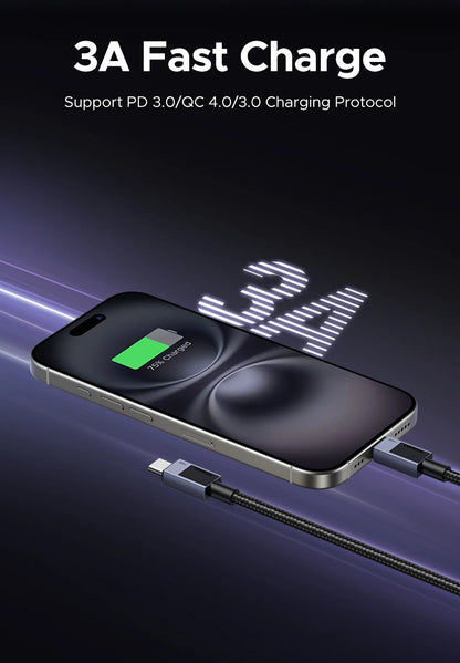 A black 3A fast charging cable shown connected to a smartphone displaying a green charging icon, with promotional text reading '3A Fast Charge' and 'Support PD 3.0/QC 4.