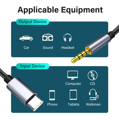 Diagram showing audio cable connectors for output and input devices on a teal background.