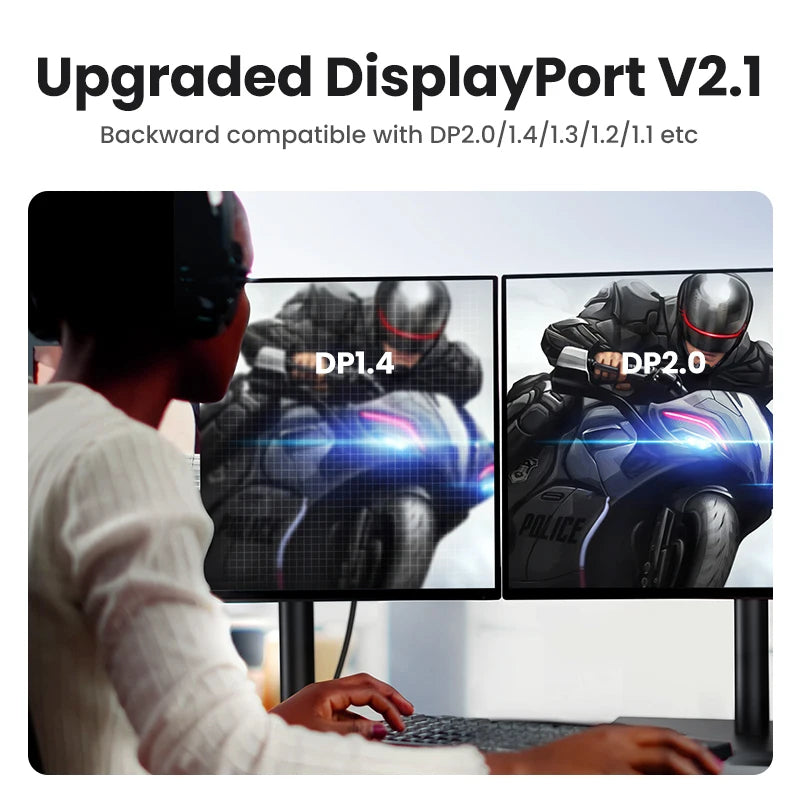 Promotional graphic for an upgraded DisplayPort V2.1 display adapter.