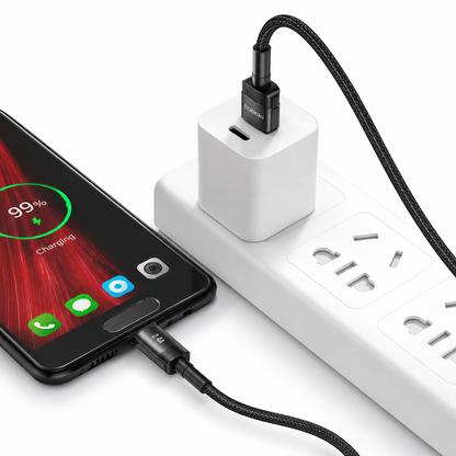 A black braided USB-C cable shown plugged into a white power strip, with a white USB-C adapter connected to the cable. A smartphone is partially visible on the left, charging at 99% battery, on a clean white background.