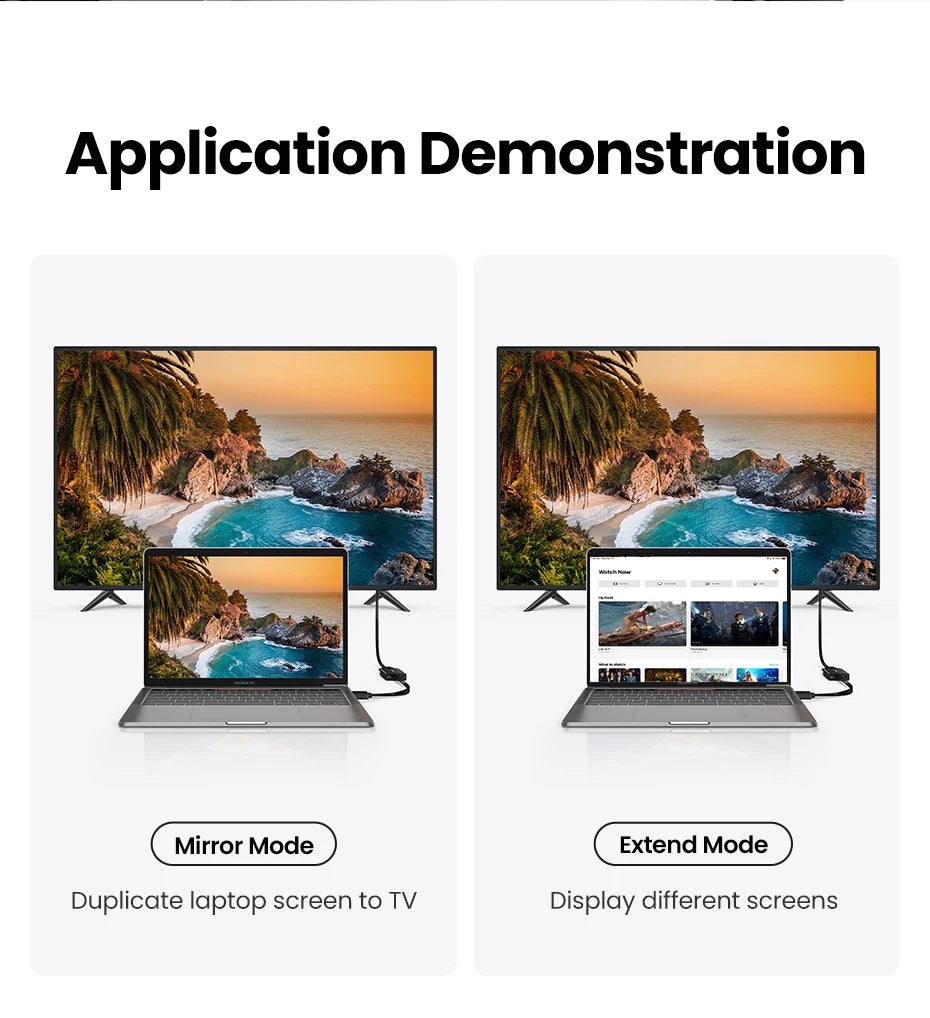 Application demonstration graphic showing a laptop connected to a TV in two modes: Mirror Mode, which duplicates the laptop screen, and Extend Mode, which displays a different screen content on the extended TV.