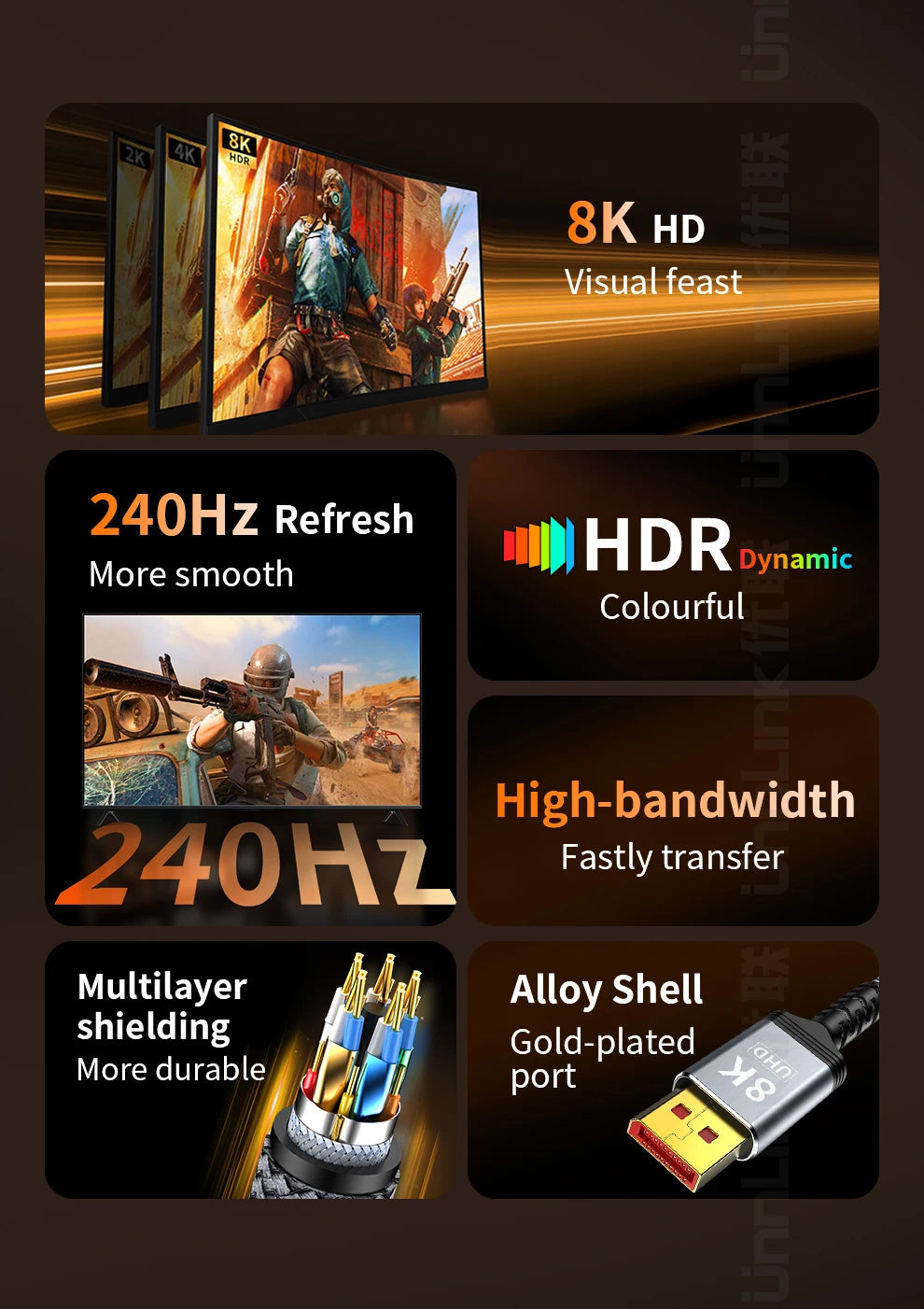 Product features including 8K HD, 240Hz refresh, HDR Dynamic, high-bandwidth, multilayer shielding, and alloy shell on a dark background.