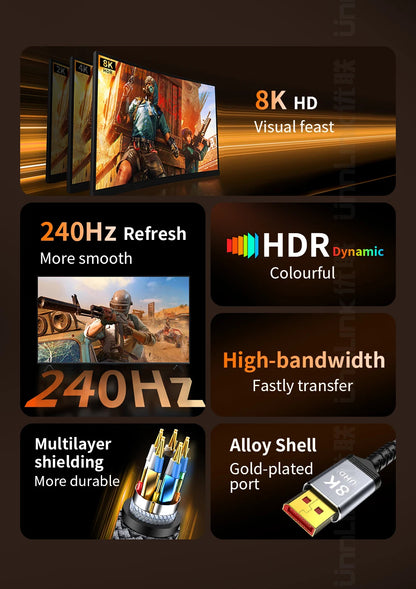 Product features including 8K HD, 240Hz refresh, HDR Dynamic, high-bandwidth, multilayer shielding, and alloy shell on a dark background.