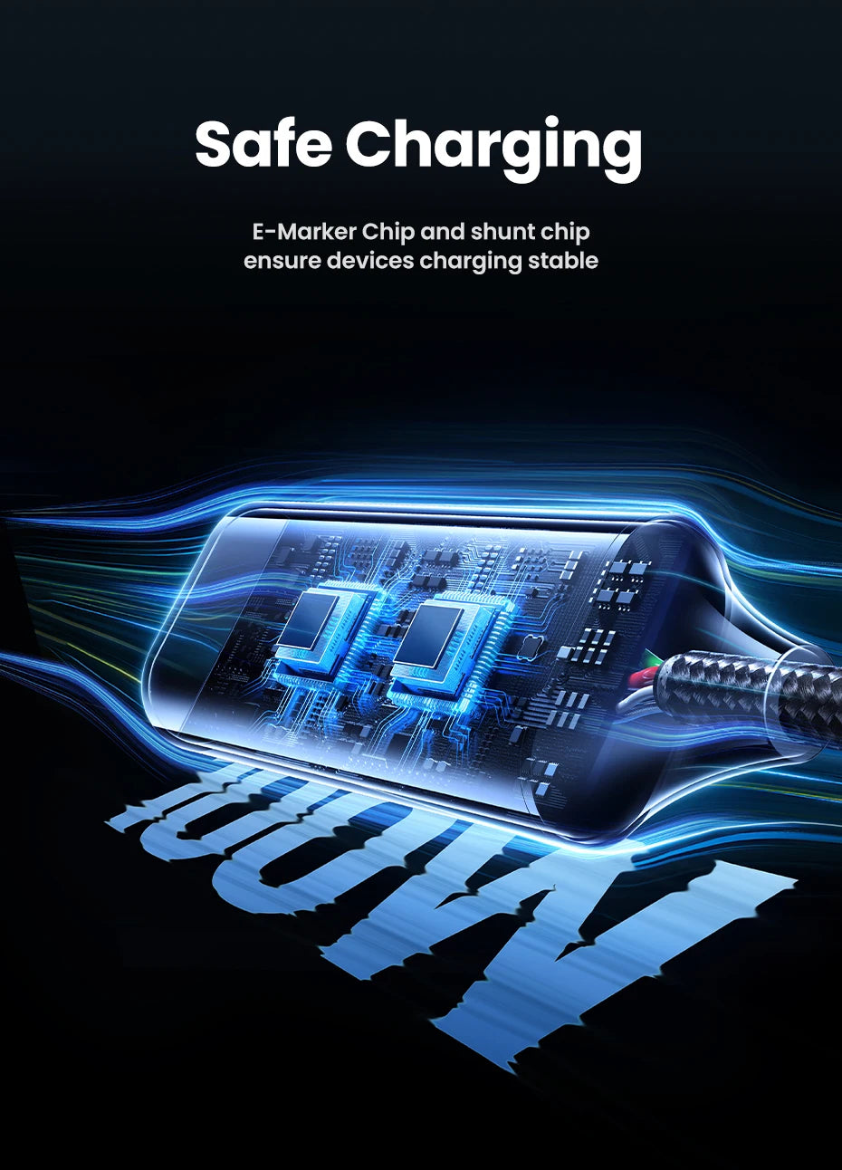 A promotional graphic for a charging cable on a black background, with glowing blue circuitry and the text 'Safe Charging' and 'E-Marker Chip and shunt chip ensure devices charging stable.' The cable is shown at an angle with stylized blue light effects and a large abstract blue shape below.