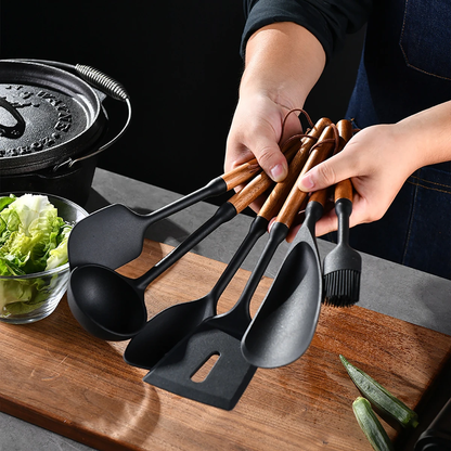 Purease Silicone Kitchen Utensil Set – Wooden Handle Non-Stick Cookware