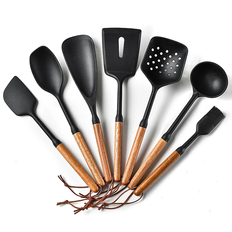 Purease Silicone Kitchen Utensil Set – Wooden Handle Non-Stick Cookware