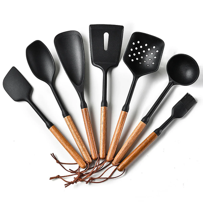 Purease Silicone Kitchen Utensil Set – Wooden Handle Non-Stick Cookware