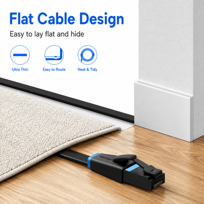 Black flat Ethernet cable with RJ45 connectors shown under a beige rug on a wood floor, with text reading 'Flat Cable Design' and feature icons above.