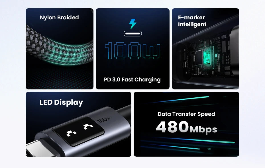 Product features including Nylon Braided, 100W PD 3.0 Fast Charging, E-marker Intelligent, LED Display, and Data Transfer Speed 480Mbps.