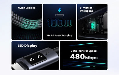 Product features including Nylon Braided, 100W PD 3.0 Fast Charging, E-marker Intelligent, LED Display, and Data Transfer Speed 480Mbps.