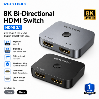 Vention 8K Bi-Directional HDMI Switch shown in grey and black, featuring 2-in-1 out and switch/split functionality, with technical specifications and feature icons on a white background.