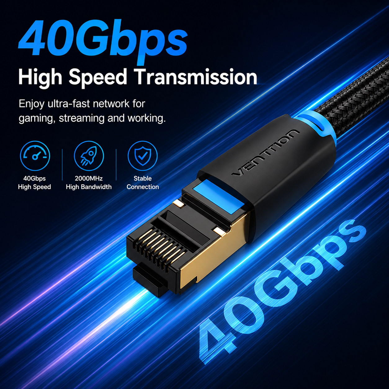 A 40Gbps high-speed network cable connector with a black and blue design, shown on a dark blue background with glowing light streaks and text highlighting its high transmission speed.