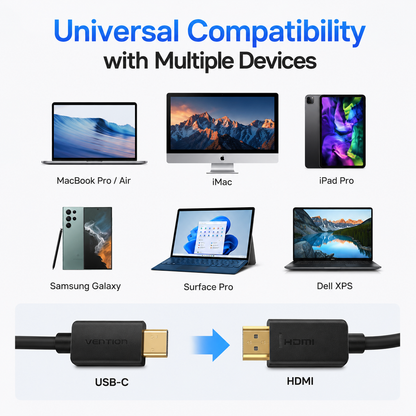 Promotional graphic showing a black USB-C to HDMI adapter cable with a USB-C connector on one end and an HDMI connector on the other, labeled 'Universal Compatibility with Multiple Devices,' with compatible devices including MacBook Pro / Air, iMac, iPad Pro, Samsung Galaxy, Surface Pro, and Dell XPS pictured above.
