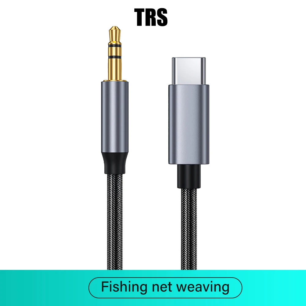A USB-C to 3.5mm audio adapter cable with a silver and black metallic housing and braided black cable, shown on a white background with 'TRS' text at the top and a teal banner at the bottom reading 'Fishing net weaving'.
