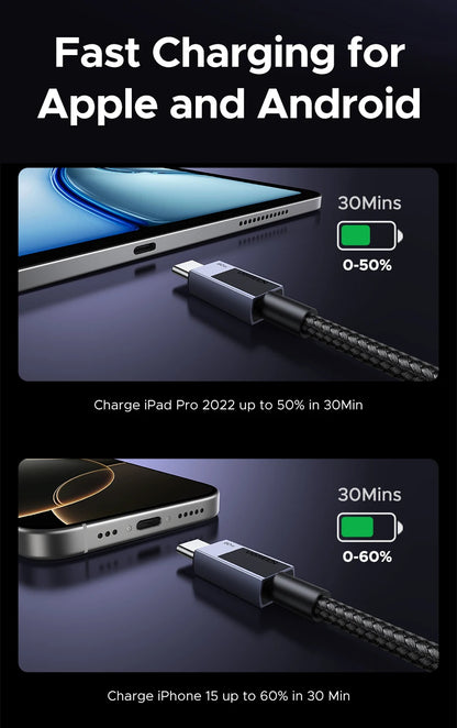 Promotional graphic for a fast charging cable showing two device charging examples: an iPad Pro and an iPhone 15. The image features large white text at the top reading 'Fast Charging for Apple and Android' and battery percentage indicators showing 30 mins charging up to 50% and 60% respectively.