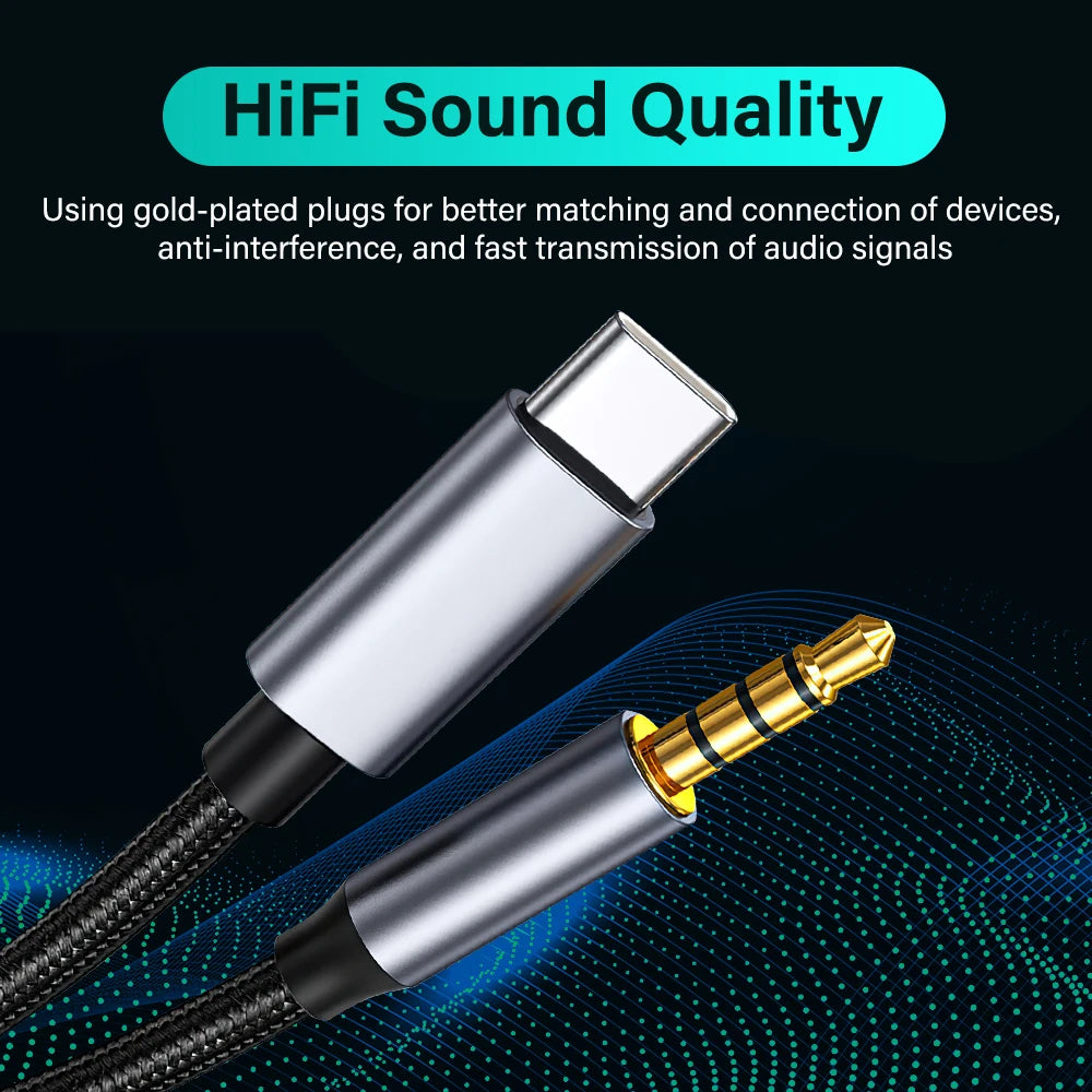 A USB-C to 3.5mm audio adapter cable with a silver and black USB-C connector and a gold-plated 3.