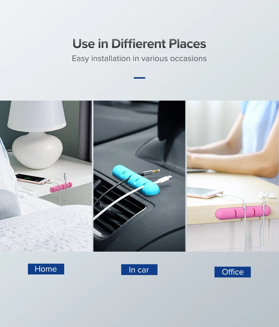 Product usage scenarios including home, car, and office settings with text 'Use in Different Places'.