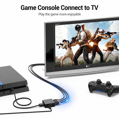 PS5 console connected to a TV via a cable and HDMI adapter, with a game controller on a white background. Text at the top reads 'Game Console Connect to TV' and 'Play the game more enjoyable.