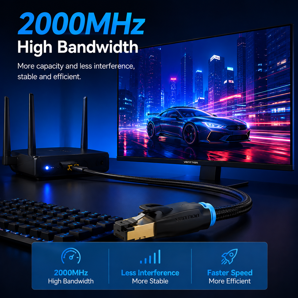 A high-speed Ethernet cable with a black braided jacket and blue accent ring, shown connected to a router and keyboard in front of a computer monitor displaying a neon city scene. Text highlights 2000MHz high bandwidth, with feature icons at the bottom.