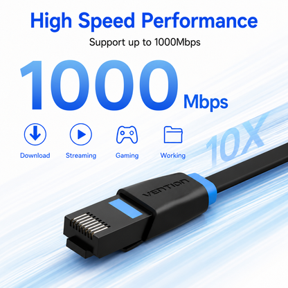 A 1000Mbps Ethernet cable with a black RJ45 connector and blue accent ring, shown on a light blue graphic background with text highlighting high speed performance and gaming support.