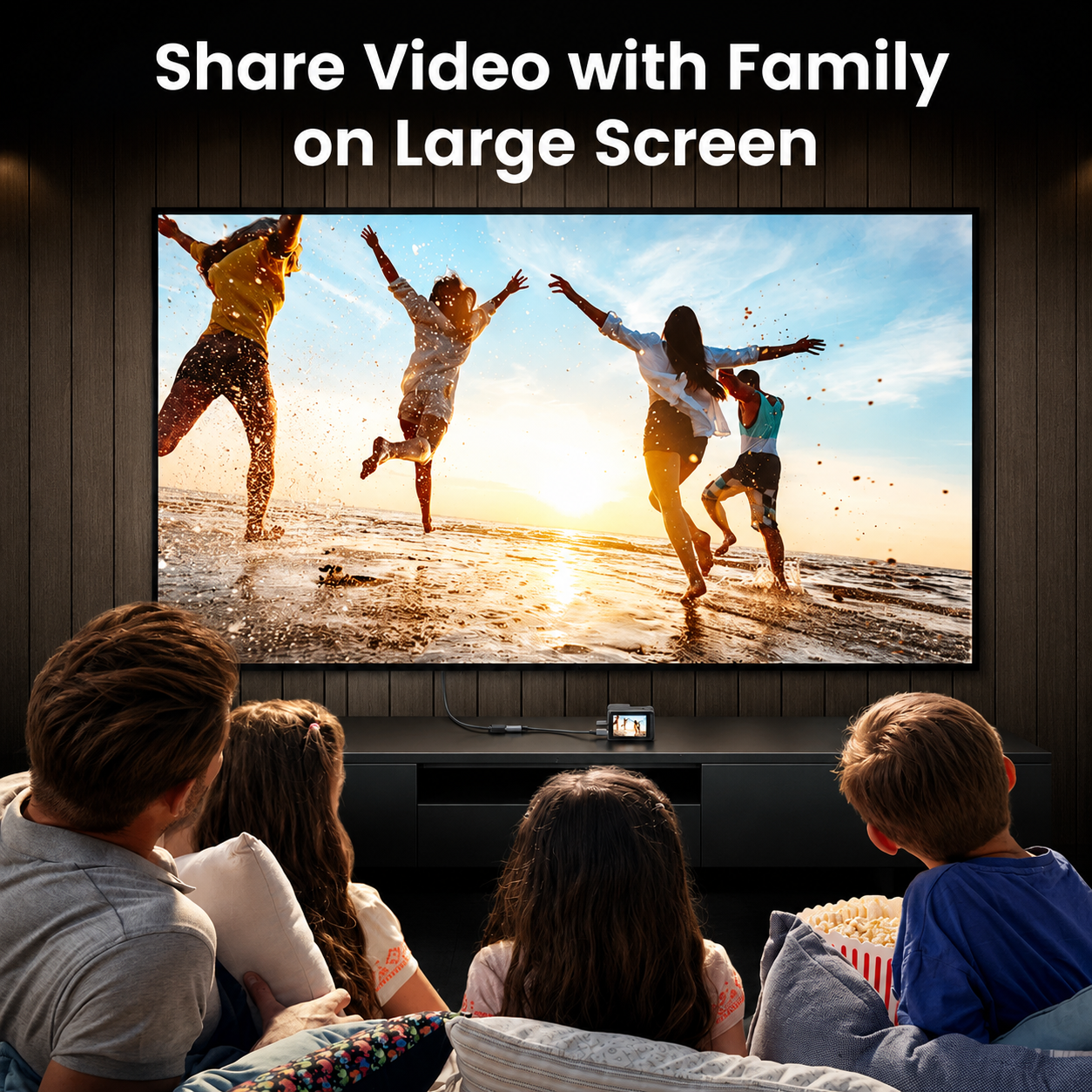 A large family movie screen in a dark living room showing a family jumping happily on a beach at sunset. In front of the TV, a small projector or media device sits on a console, with the text 'Share Video with Family on Large Screen' above the scene.