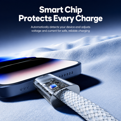 A close-up promotional shot of a smartphone connected to a braided charging cable with a transparent connector housing and a small blue accent. White text at the top reads 'Smart Chip Protects Every Charge' with smaller descriptive copy about automatic device detection and safe charging.