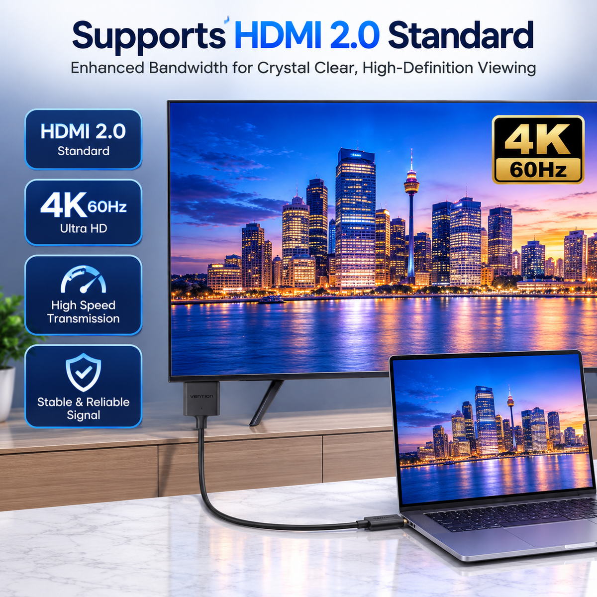 HDMI cable shown connecting a laptop to a large monitor on a marble surface, with promotional text highlighting HDMI 2.0 support, 4K 60Hz resolution, high speed transmission, and a stable reliable signal.