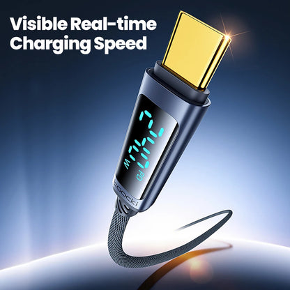 USB cable with digital display showing charging speed on a dark background