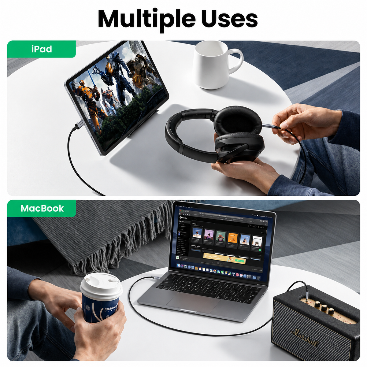 A promotional collage showing a black over-ear headphone cable connected to multiple devices in different settings. The top panel shows the headphones connected to an iPad on a white table, and the bottom panel shows the headphones connected to a MacBook next to a Marshall speaker.