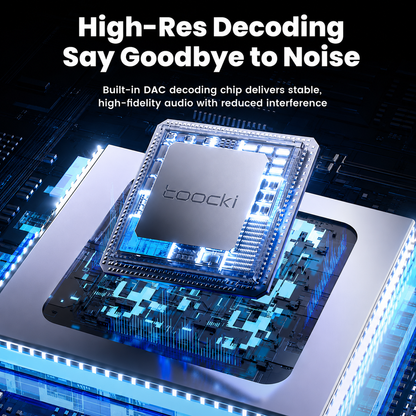 A high-tech promotional graphic showing a Toocki branded audio decoding chip mounted on a printed circuit board, with glowing blue circuitry and large marketing text at the top reading 'High-Res Decoding Say Goodbye to Noise.' This is not a clean standalone product photo and not a person/environment lifestyle scene, so the best fit is Other.